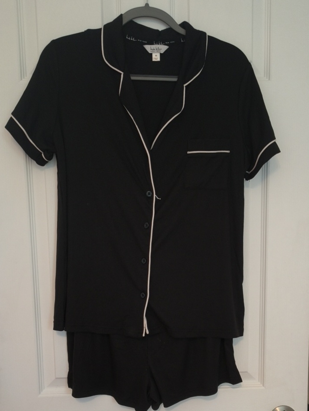 Nicole Miller Short Sleeve Black Pajama Set with Contrast Piping
